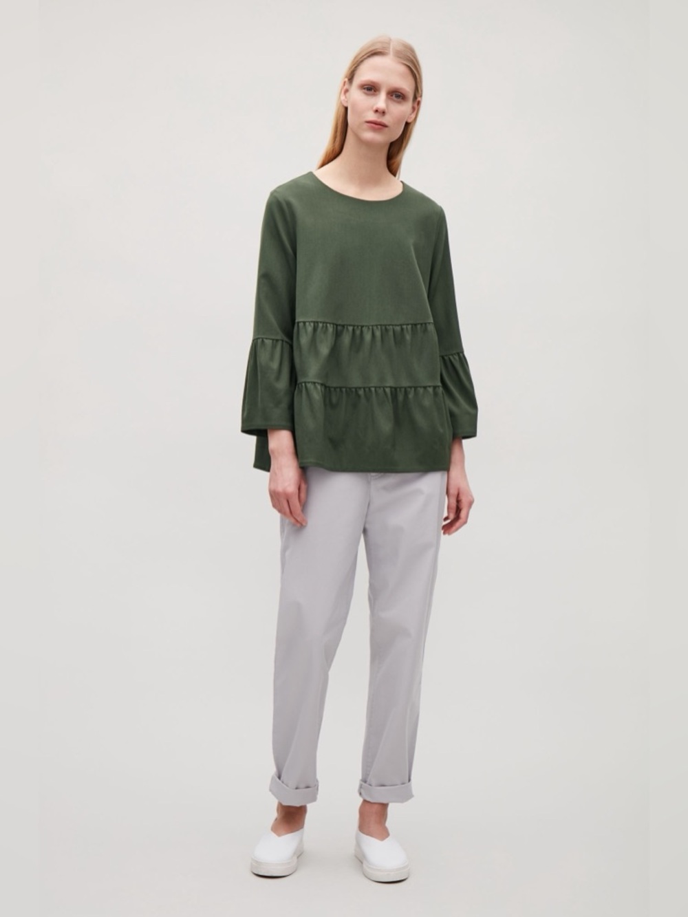 Cos A-Line Top With Gathered Detail in Khaki Green - Size 8